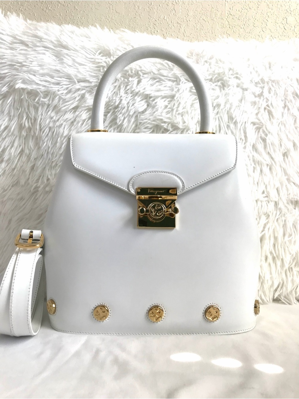 Salvatore Ferragamo Studded 2 Way Bag White Authentic - Picture 2 of 16